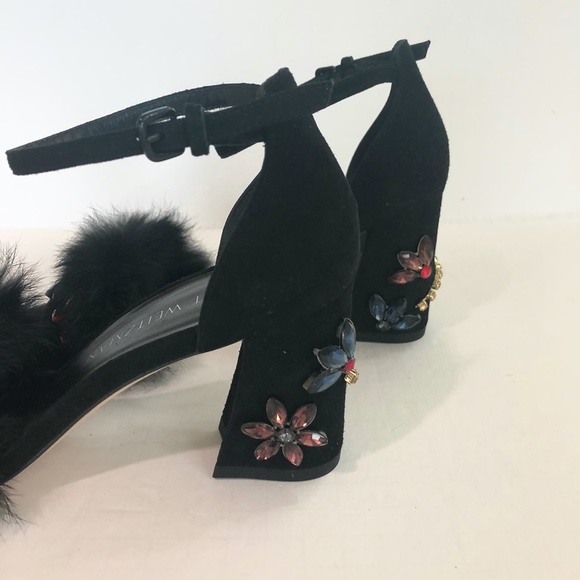 Stuart Weitzman Embellished Suede Fur Sandal Heels - Picture 12 of 15